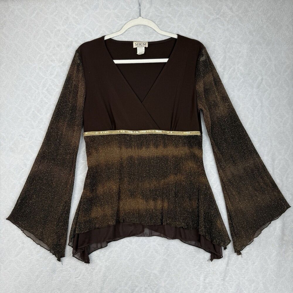 Vtg Y2K Flare Sleeve Babydoll Top Large Brown Sparkle Mesh Fairy Boho Hippie 90s